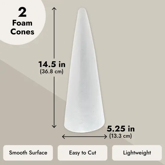 2 Pack Foam Cones for Crafts, DIY Art Projects, Handmade Gnomes, Trees, Holiday Decorations (5.25x14.5", White) {3}