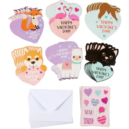 36 Pack Cute Heart Shaped Animal Valentine's Day Cards with Envelopes and Stickers, 6 Assorted Designs, 3.25 x 4.5 Inch, Kids Blank Notecards for Classroom Exchange Gift, Ages 3-14 Multicolor {1}