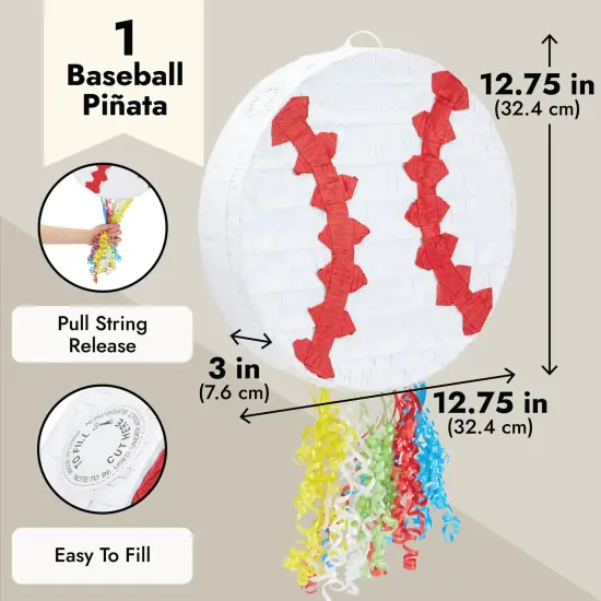 Pull String Baseball Pinata for Boys and Girls Sports Themed Birthday Party Decorations (Small, 12.75 x 3 Inches) White {4}