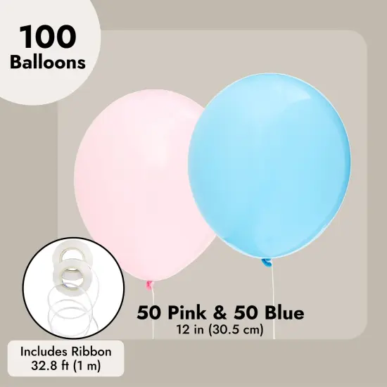 100 Pack Pink and Blue Balloons for Gender Reveal, Baby Shower, Birthday Party with 32.8 ft Ribbon (50 of Each Color, 12 in) {4}