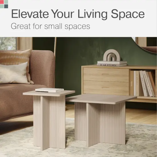 Stead Square Fluted Nesting Coffee Tables, 2 Piece Coffee Table Set, Modern Drink Desk for Living Room, Modern Home Decor, Solid Wood Base and Wood Grain Veneer Top (Weathered White) {3}