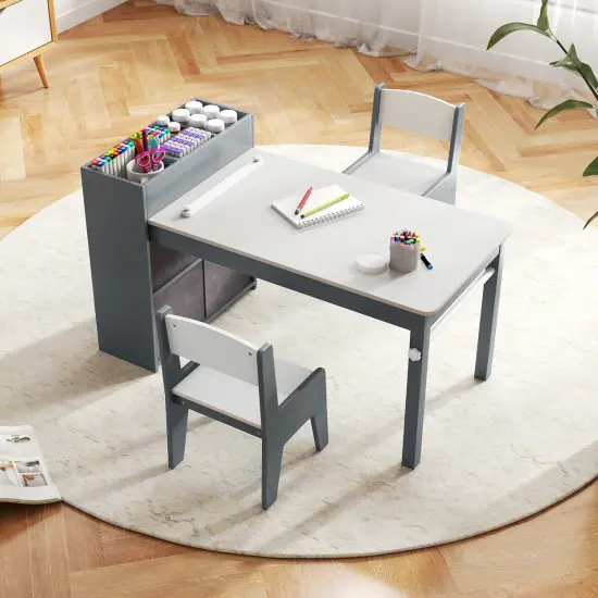 MDF and Metal Kids Art Table Set with Chairs, Storage and Paper Roll Gray {6}