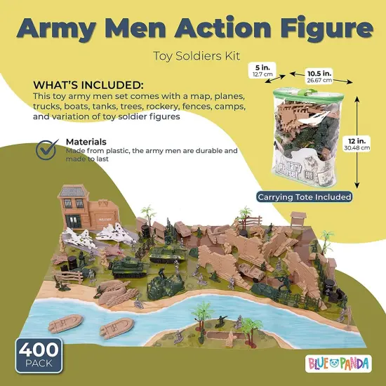 BLUE PANDA 400-Piece Army Men Toy Soldiers for Boys Ages 8-14 &ndash; Plastic Action Figures Playset with Military Toys, Battlefield Map, Fort Accessories, Tanks, Planes {5}