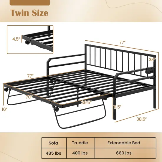 Adjustable Twin Daybed with Pop-Up Trundle, LED Lights and Power Strip Black {4}