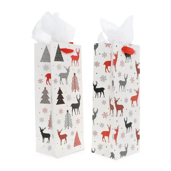 Bright Creations 12 Pack Christmas Wine Gift Bags with Tissue Paper Wrapping, 4 Reindeer Xmas Tree Designs for Home Party Holiday Supplies, Fun and Festive Christmas Packaging (5 x 13.6 x 4 in) Multicolor {4}