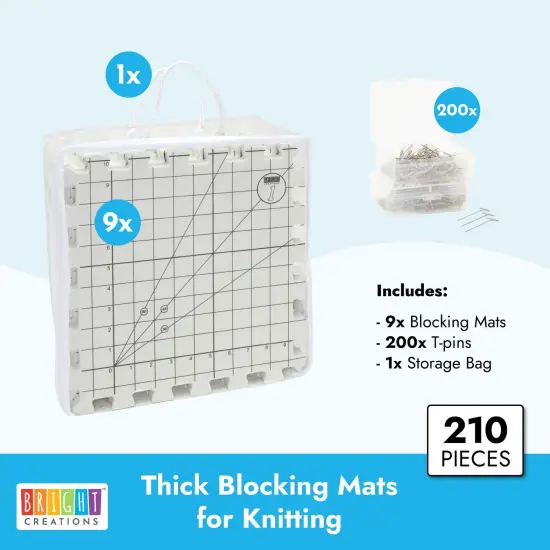 Bright Creations 9 Extra Thick Blocking Board Mats for Knitting w/Grids, 200 T-Pins, 1 Storage Bag (210 Pieces) White {5}
