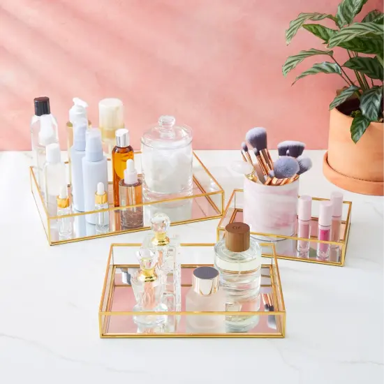 Set of 3 Gold Mirror Vanity Tray for Perfume, Makeup Display, Decorative Rectangle Glass Jewelry Organizer for Bathroom, Dresser (3 Sizes) {2}