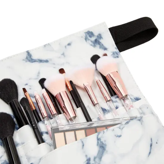 Makeup Brush Belt with 22 Pockets, Marble PU Leather (10.2 x 9.7 x 2 Inches) White {5}
