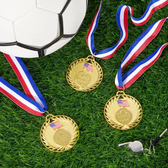 12-Pack Gold Winner Medals for All Ages, Participation Awards with American Flag, 15.5-Inch Red, White, and Blue Ribbon for Sports, Tournaments, Competitions, Heavy-Duty (Metal, 2.75 in) {4}