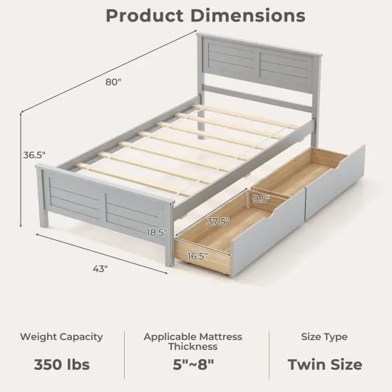 Twin Size Platform Bed with Drawers, Wood Headboard and Sturdy Frame Gray {4}