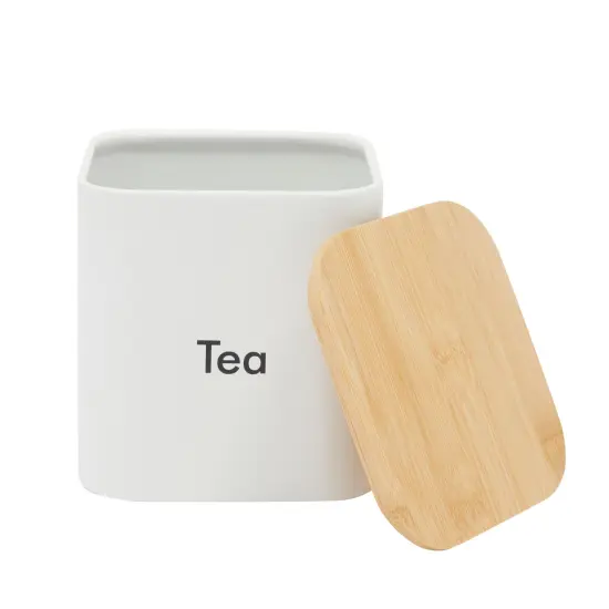 Coffee Tea Sugar Container Set - White Iron Kitchen Canister Set with Bamboo Lids (3 Pieces, 48 oz) {5}