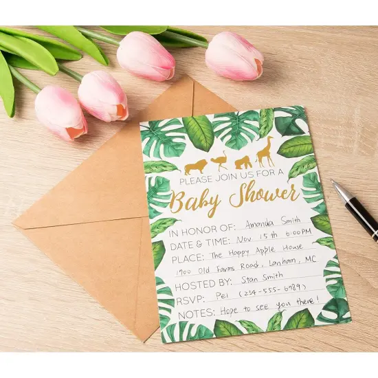 Baby Shower Invites - 36 Fill-in Baby Shower Invitations w/ Envelopes, Tropical Safari Animal Theme, Green Palm Leaves with Gold Foil Designs, Party Supplies for Baby Showers or Parties, 5 x 7 Inches {3}