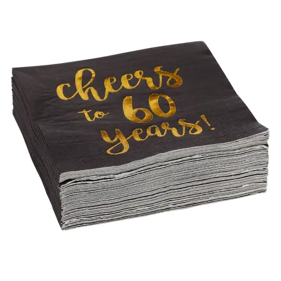 50 Pack Cheers to 60 Years Cocktail Napkins for 60th Birthday, Anniversary Party Supplies, 3-Ply, Black and Gold Foil (5 x 5 In) {6}