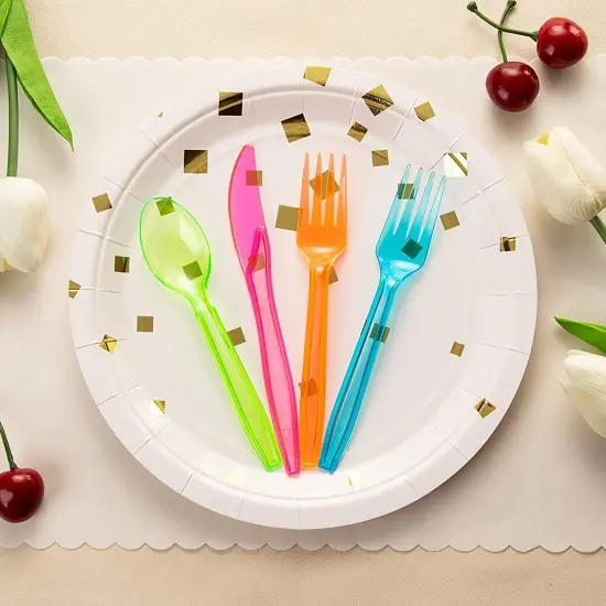 216 Piece Rainbow Plastic Silverware Set for Parties with Neon Forks, Spoons, Knives (Serves 54) Multicolor {6}