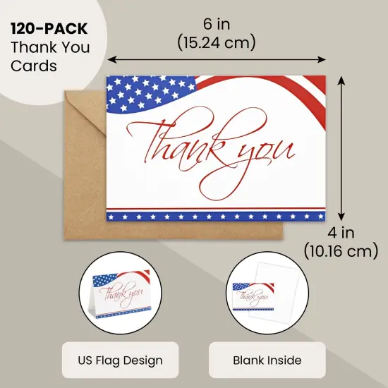 120 Pack 4x6-inch Bulk Patriotic Thank You Cards with Envelopes for Veterans Day and 4th of July - American Flag Appreciation Gift Notes Multicolor {2}