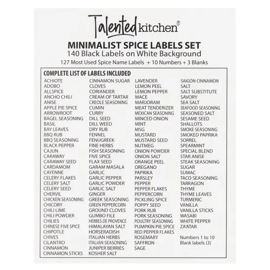 Talented Kitchen 140 Minimalist Spice Jar Labels - Preprinted Seasoning Stickers for Herb Bottles, Spice Rack, Pantry Organization (Black Print on White Matte Backing) {2}