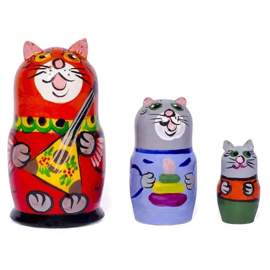 Set of 3 Cat with Balalaika Music Instrument Nesting Dolls 3.5 Inches {1}