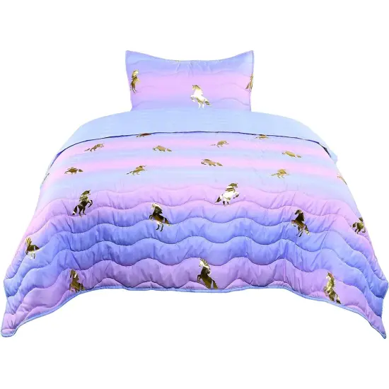 Tadpoles 2-Piece Girls Unicorn Quilt Set | 1 Twin Bed Size Quilt & 1 Standard Sham | Made of 100% Micro-denier Polyester Fiber | Soft, Smooth & Durable | Ideal for Teens | Metallic Gold Unicorns {1}