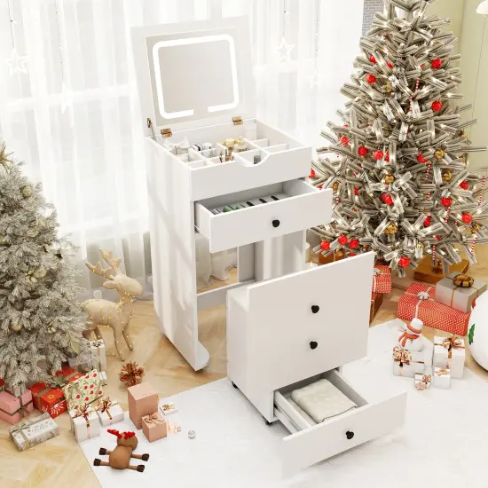 White Flip-Up Vanity Set with LED Mirror, Storage & Rolling Stool {3}