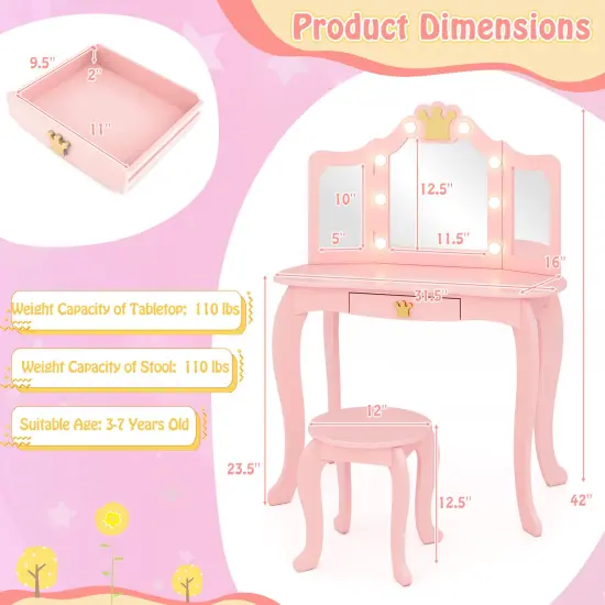 MDF and Acrylic Kids Vanity Set with Tri-Fold Mirror, LED Lights and Storage Pink {5}