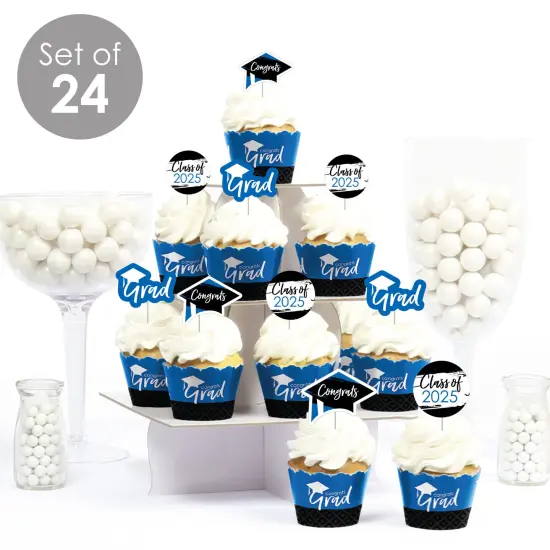 Big Dot of Happiness 2025 Blue Graduation Cupcake Decoration - Party Cupcake Wrappers and Treat Picks Kit - Set of 24 {3}