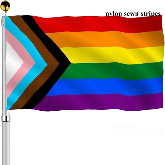 Progress Pride Rainbow Flags 2x3 Outdoor Sewn Stripes- LGBTQ Inclusive Progressive Pride Flag Heavy Duty Nylon UV Fading Resistant for Outside {1}