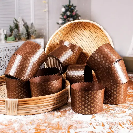 15 oz Kulich Mold Easter Bread Forms |12 pack| Bread Paper Paska Large Brown Non Stick Panettone Baking Molds Universal - Brown Design W 5.1 x H 3.35-In {3}