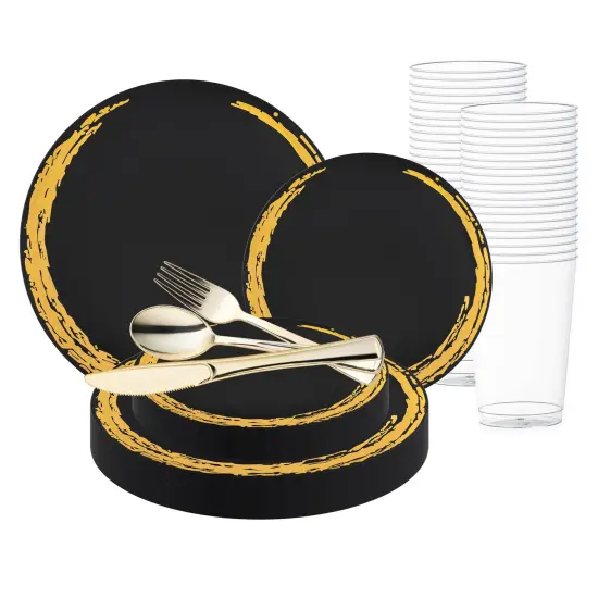 Black with Gold Moonlight Round Disposable Plastic Wedding Value Set (120 Settings) {1}