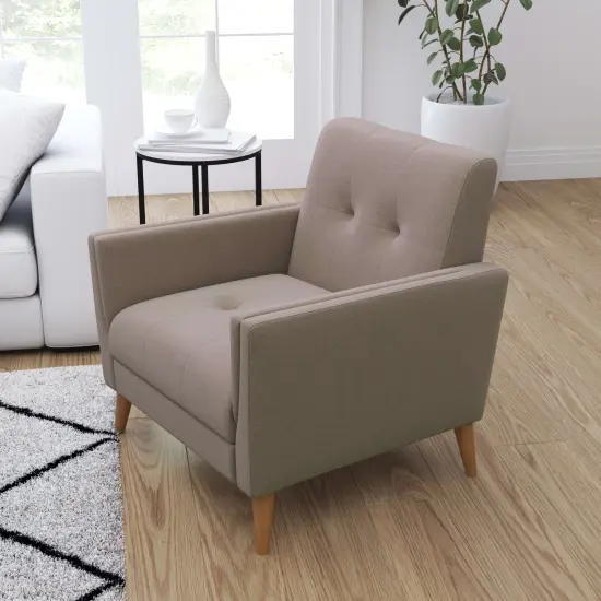 Merrick Lane Randolph Mid-Century Modern Armchair with Tufted Faux Linen Upholstery and Solid Wood Legs Taupe {3}