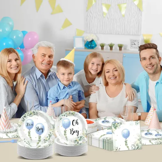 200-Piece Oh Boy Blue Balloon & Eucalyptus Baby Shower Tableware Set {5}