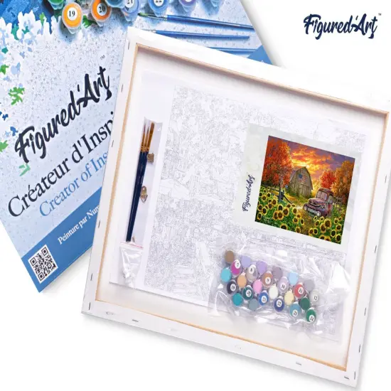 Figured'Art Paint by Numbers Kit for Adults with Frame Sunflowers in front of the barn 16"x20" - Craft Art Painting DIY Kit Canvas Already Stretched on a Wooden Frame {5}