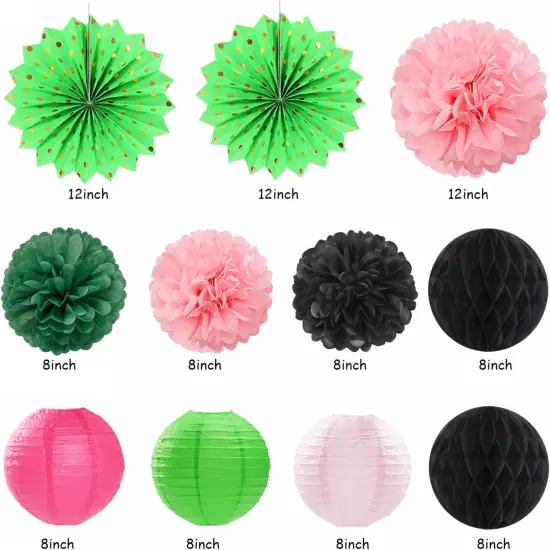 Green Hot-Pink Black Summer-Hawaiian Birthday Decorations - 21pcs Girls Woman Happy Party Banner Garland,Tropical Beach Pool Paper Streamers Lanterns,Flower Tissue Pom Poms Fan Supplies Decor Huglony {3}