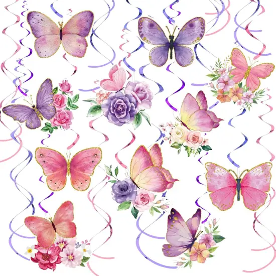 30 Pieces Butterfly Party Decorations Watercolor Purple Butterfly Hanging Swirls Decorations Summer Themed Swirls Garland for Baby Girl Birthday Wedding Party Supplies {1}