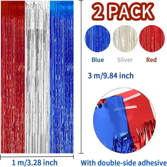 2 Pack 3.2ft x 9.8ft July 4th Patriotic American Flag Metallic Foil Fringe Curtain, Blue Red Silver Party Photo Booth Props Backdrop for Independence Day Decorations (Curtain-BlueRedSilver) {2}