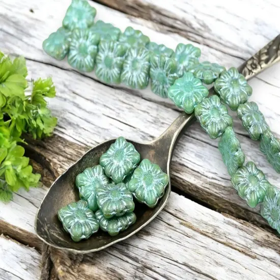 *13* 11mm Metallic Icy Blue Washed Opaque Turquoise Square Zinnia Flower Beads {4}