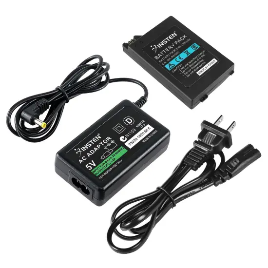 For PSP 2000 and 3000 Rechargable Battery Pack and Charger Kit Set for Sony PSP Slim 2000 3000 Console (Replacement Battery + Home Wall Travel AC Adapter Accessories Bundle) by Insten Black {1}