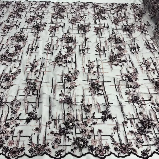 1 Yard Beaded Rhinestone 3D Floral Lace Fabric for Wedding Gowns and Dance Costumes 50" Width Grey {7}