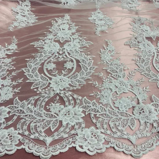 1 Yard White Beaded & Corded Bridal Lace Fabric, Embroidered Polyester Net Mesh, 54" Wide Silver {2}