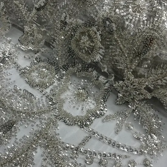 1 Yard Beaded Lace Fabric on 100% Polyester Net Mesh, Embroidered Lace Fabric, 52" Width Antique Silver {5}