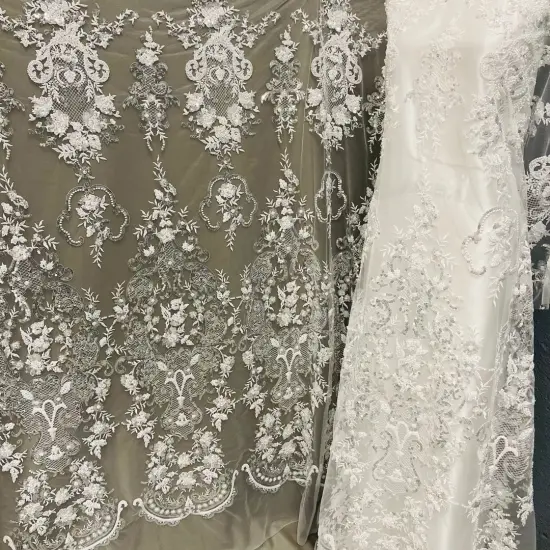 1 Yard Beaded Lace Fabric Embroidered on 100% Polyester Net Mesh Lace, 52" Wide, Premium USA Quality Off White {5}