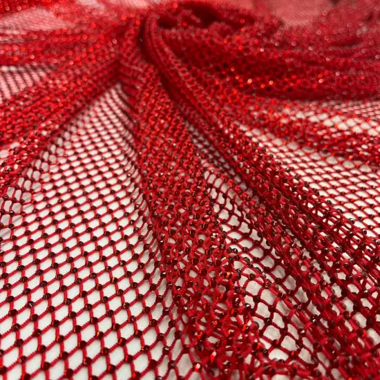 1 Yard Diamond Fishnet Fabric 4-Way Stretch Lace, Soft Nylon-Spandex Blend, 58" Width Red {1}