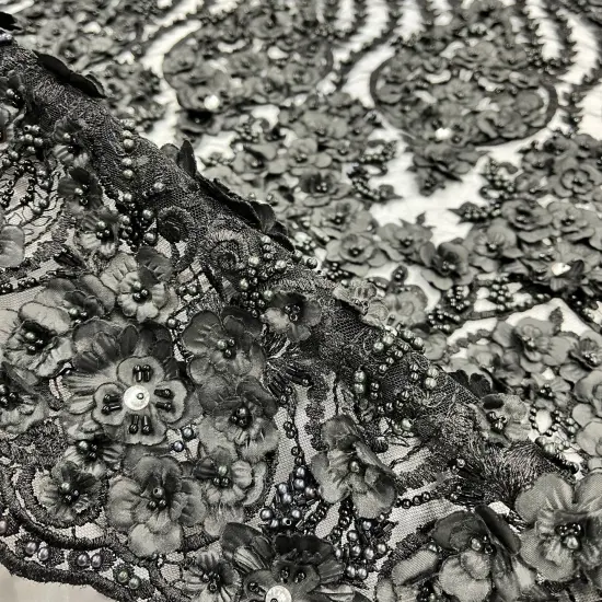 1 Yard Black Beaded 3D Floral Lace Fabric, Embroidered Mesh on 100% Polyester, 48" Wide Champagne {3}