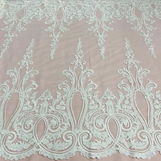 1 Yard Gold Metallic Beaded & Corded Bridal Lace Fabric, Embroidered 100% Polyester Net Mesh, 54" Wide White {4}