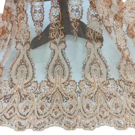 1 Yard Beaded Embroidered Lace Fabric on Polyester Mesh, 51" Wide Blush {2}