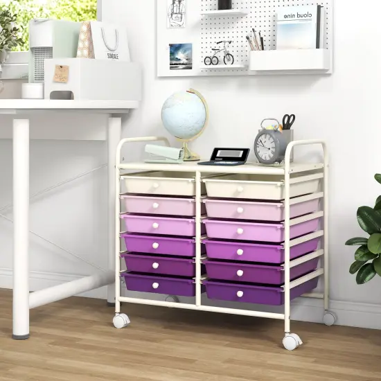 12 Removable Drawers Rolling Storage Cart with 4 Universal Wheels and Metal Frame Purple {2}