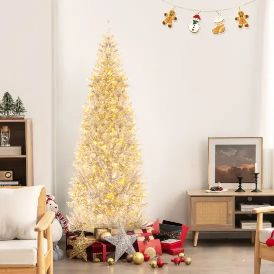 Pre-Lit Artificial Silver Tinsel Xmas Tree with 790 Branch Tips and 300 LED Lights {1}