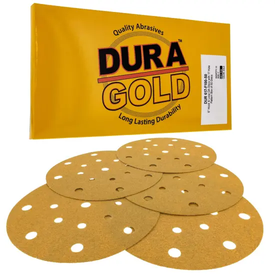 100 Grit - 6" Gold Sanding Discs - 17-Hole Pattern Hook and Loop for DA Sander - Box of 50 {1}