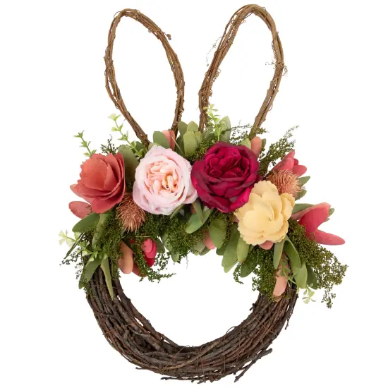 Northlight Wooden Floral Easter Bunny Ears Twig Wreath - 15" Pink {3}