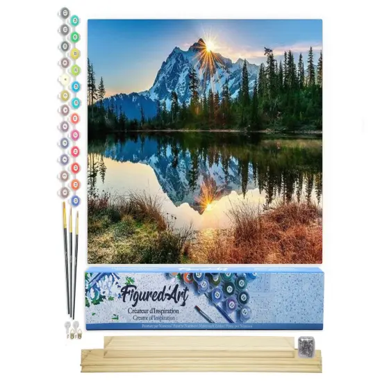 Figured'Art Paint by Numbers for Adults Lake and Mountain reflection 16"x20" - Craft Art Painting Rolled Canvas with DIY wooden frame {1}