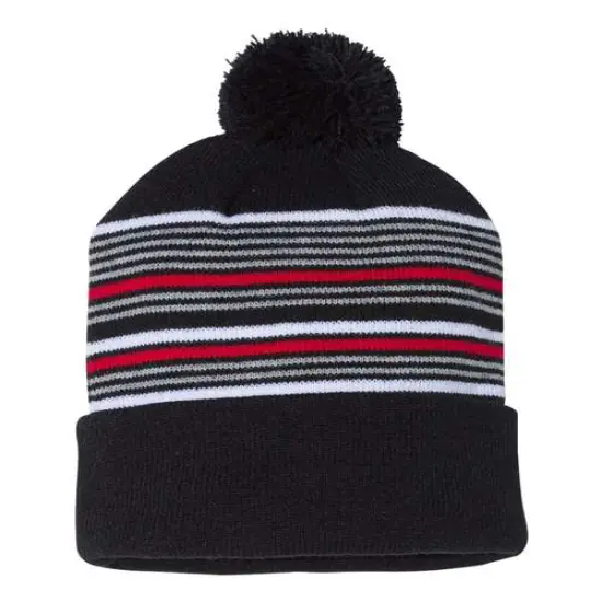 Sportsman&reg; Striped Pom Pom Cuffed Beanie Maroon W Grey {4}